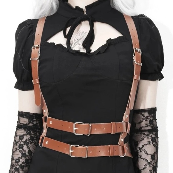 Brown Studded Decor Square Buckle Harness Belt - Picture 1 of 4